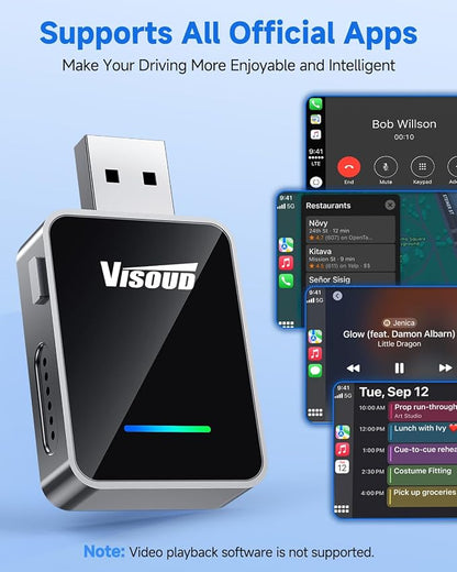 2 in 1 Wireless Car Adapter Setup with a Polite Reminder: no app Needed. Auto Connects via Bluetooth 5.3 and 5GHz WiFi. No Audio delay. Compatible with iOS 10+ and Android 11+.