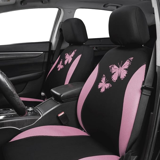 Flying Banner Butterfly car seat Covers ful Set Fashion Universal Lady Woman Female Rear Bench Split Colorized (Pink Black, Full Set)