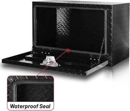 FORWODE 24x14x16 Inch Underbody Truck Tool Box Aluminum Trailer Tool Box with Lock & Foldable T-Handle Waterproof Truck Storage Box for Pickup Truck, Trailer, RV, ATV, Indoor（BLACK）