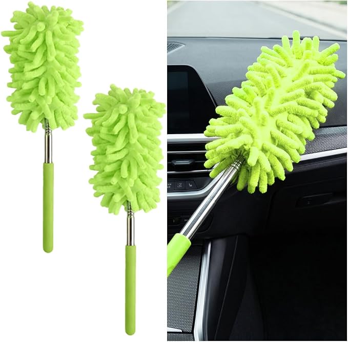 2PCS Car Interior Duster with Extension Pole, 9.45" to 28.35" Microfiber Soft Vehicle Dash Dusting Detailing Wash Brushes, Automotive Dash Cleaning Tool, Universal for SUV RV Truck (Green)