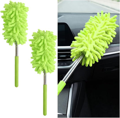 2PCS Car Interior Duster with Extension Pole, 9.45" to 28.35" Microfiber Soft Vehicle Dash Dusting Detailing Wash Brushes, Automotive Dash Cleaning Tool, Universal for SUV RV Truck (Green)