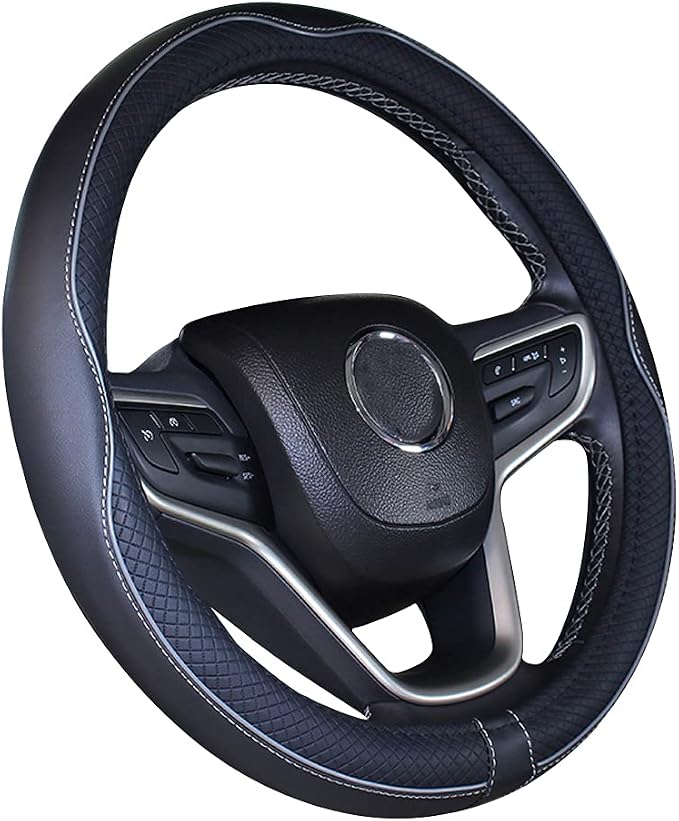Mayco Bell Universal Standard Size Steering Wheel Cover Anti-Slip,Safety,Soft,Breathable,Durable,Full Surround,Comfortable Grip Microfiber Leather (14.5-15 inch,Black Gray)