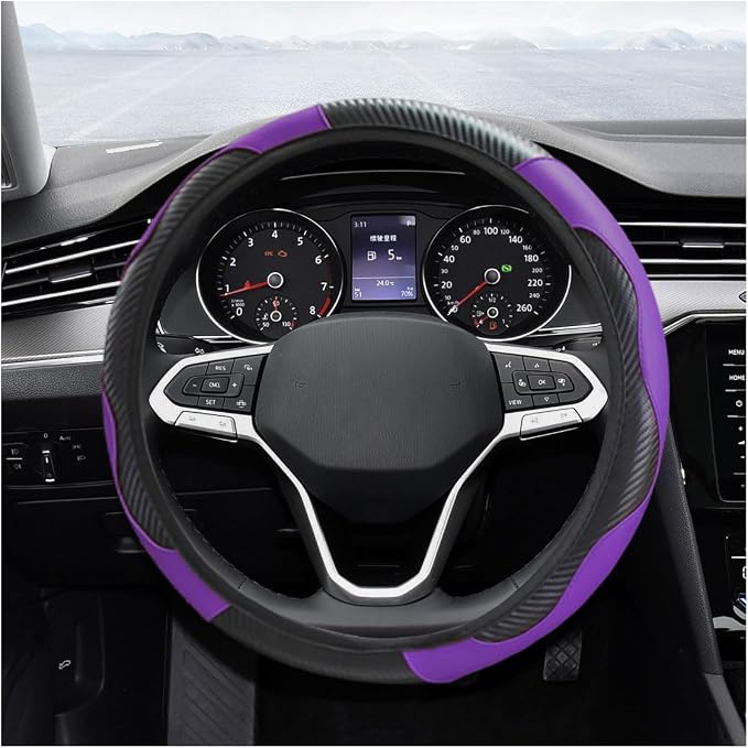 Car Steering Wheel Cover, 15 Inch Carbon Fiber Leather Elastic Steering Wheel Protector, Anti-Slip, Breathable & Soft Car Interior Accessories Universal for Most Cars, Men & Women (Purple)