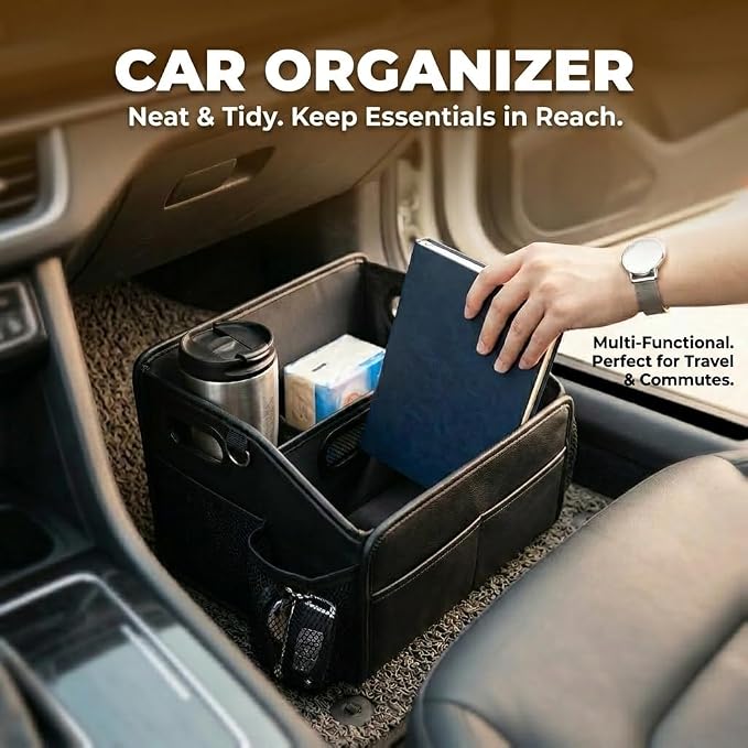 Car Storage Organizer with 2 Cup Holders Reinforced Dividable Leather Car Caddy Basket for Front Seat Floor Back Sturdy Frosted Handle 8 Compartments Adjustable Strap Buckles Slip-Resistant
