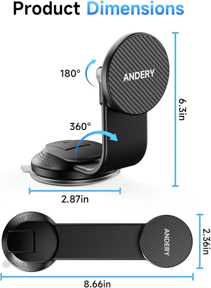 ANDERY Car Phone Holder for MagSafe [360° Adjustable Memory Alloy Arm | 2400gf Strongest Magnetic Power] Bendable Car Mount, Phone Holders for Your Car for iPhone 17-12 Pro Max Air Plus All Smartphone