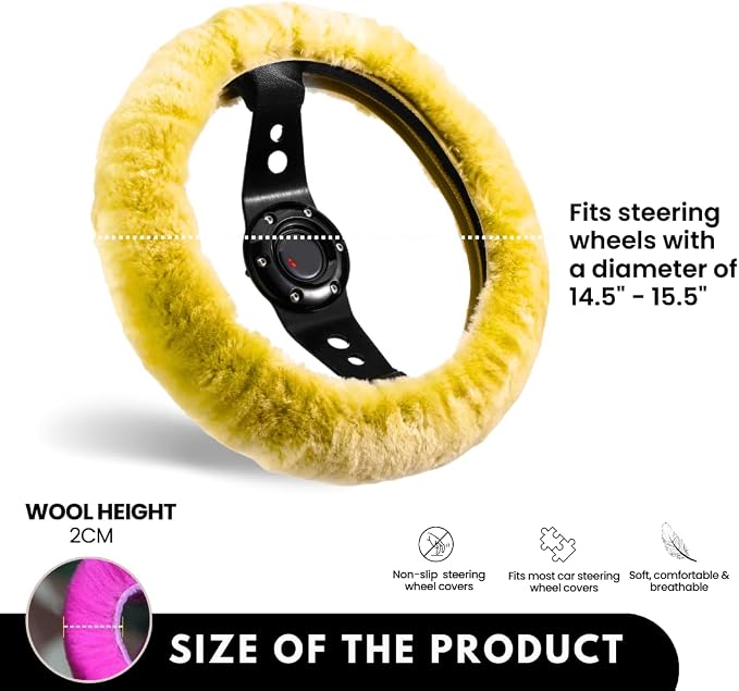 Andalus Brands Luxury Fluffy Car Steering Wheel Covers – Genuine Merino Sheepskin, Soft Fuzzy Car Steering Wheel Cover for Women, Universal 14.5-15" Size, Plush Fur Cute Auto Accessories, Lemon