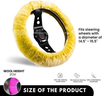 Andalus Brands Luxury Fluffy Car Steering Wheel Covers – Genuine Merino Sheepskin, Soft Fuzzy Car Steering Wheel Cover for Women, Universal 14.5-15" Size, Plush Fur Cute Auto Accessories, Lemon