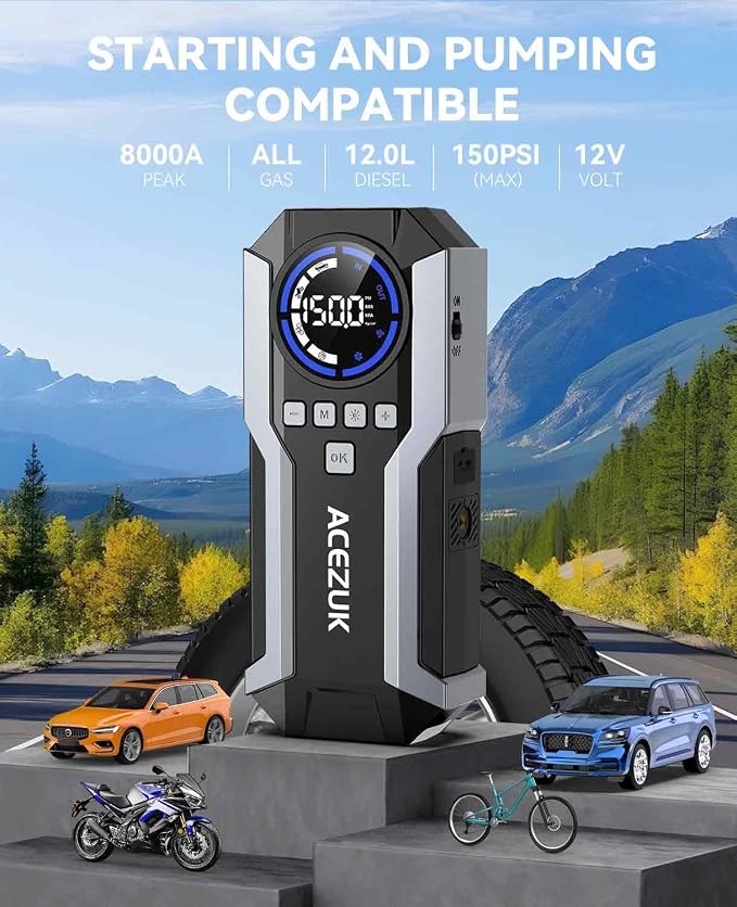 Jump Starter with Air Compressor, 8000A 150PSI Car Jump Starter (All Gas/12.0L Diesel), 12V Battery Jump Starters, Portable Jumper Cables, LCD Display and LED Lights