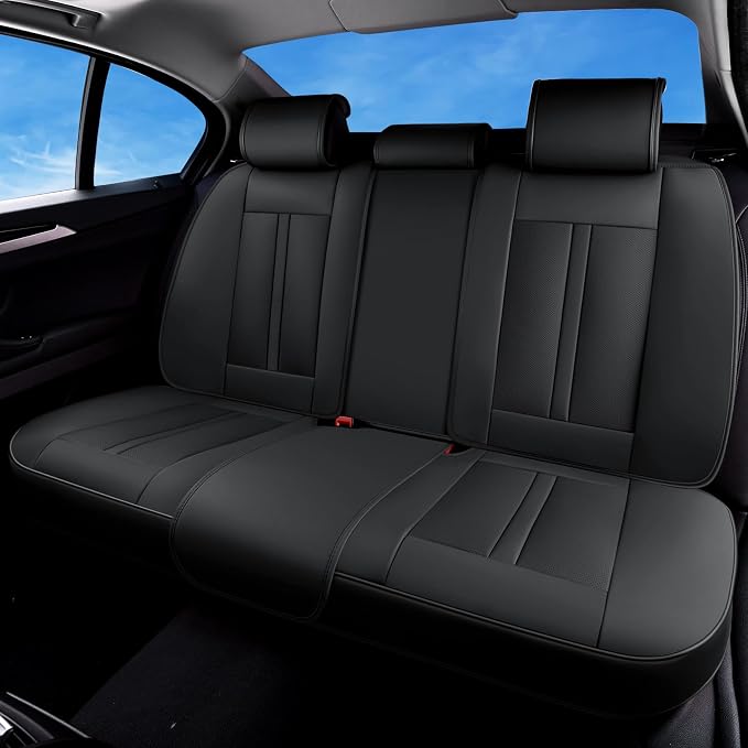Huidasource Back Seat Cover, Luxury Nappa Leather Back Car Seat Cover, Back seat Covers with Velcro Adjustable, Cooling Holes, Seat Belts, Child Safety Seats etc, Fit for Most Cars SUV Trucks, Black