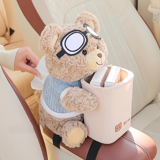 2 in 1 Cute Bear Car Tissue Box and Trash Can, Stylish & Creative Car Armrest Box Tissue Holder, Premium Aesthetic Decor, Ideal Interior Use (Bear)