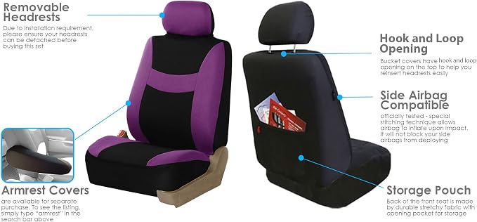 FH Group Car Seat Covers Combo Full Set with Carpet Floor mats Steering Wheel Cover and Seat Belt Pads- Universal Fit for Cars Trucks and SUVs Purple