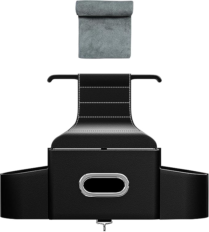 Back Seat Car Organizer with One Towel Leather Wood Materials Car Back Seat Storage Box 2 Drink Cup Holder Tissue Box for Hold Phone Drinks Handbag Compatible with Most Vehicles (Black)