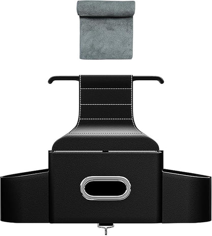 Back Seat Car Organizer with One Towel Leather Wood Materials Car Back Seat Storage Box 2 Drink Cup Holder Tissue Box for Hold Phone Drinks Handbag Compatible with Most Vehicles (Black)