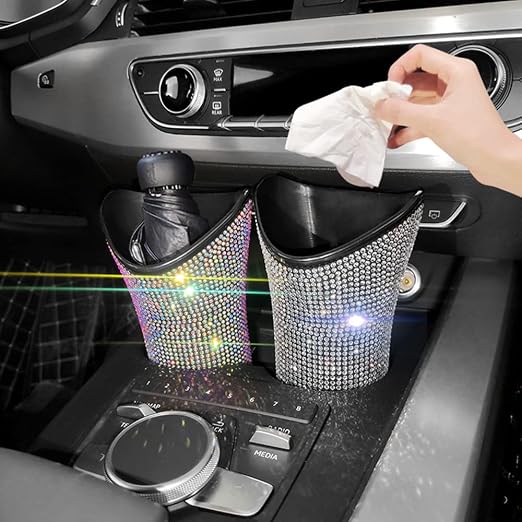 Riloer Bling Car Trash Can Rhinestones Car Trash Can for WomenGlittering Vehicles Trash Can Designed for Small Folding Umbrella Car Trash Bin Black