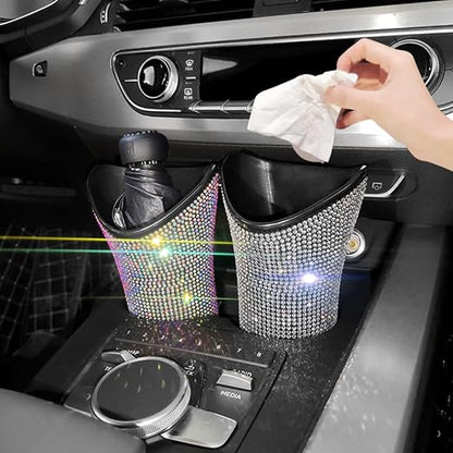 Riloer Bling Car Trash Can Rhinestones Car Trash Can for WomenGlittering Vehicles Trash Can Designed for Small Folding Umbrella Car Trash Bin Black