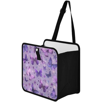 Car Trash Can Organizer Bin with Adjustable Strap for Back Front Seat Console Waterproof Leakproof Collapsible Portable 11 Inch Purple Dreamy Butterflies and Stars