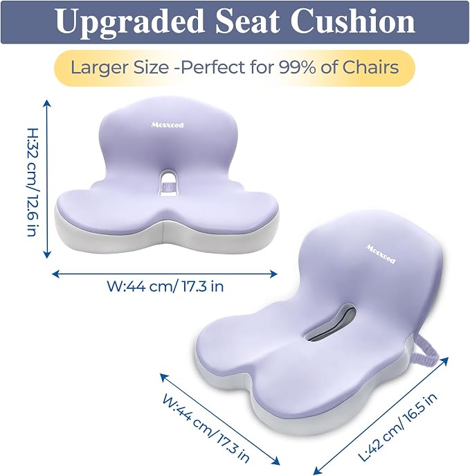 Memory Foam Seat Cushion for Sciatica & Back Pain Relief - Ergonomic Chair Pad with Adjustable Strap & Supportive Comfort Cover, Non-Slip for Car, Truck, Office Chair -Purple