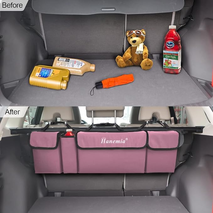 Car Trunk Organizer, Backseat Hanging Storage with 4 Large Pockets, Collapsible Cargo Bag with Adjustable Straps Frees Trunk Floor, Sturdy Space Saving Expert for SUV, Truck, Van (Pink)