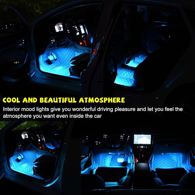 Car LED Strip Light, 48 LEDs RGB Neon Interior Atmosphere Lights, 12V Under Dash Ambient Night Light, USB Port Auto Interior Decorative Lamp, Universal Car Accessories (Ice Blue)