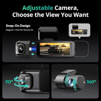 BOTSLAB 4K 3 Channel Dash Cam Front and Rear/Inside, 360°Dash Camera with 3.18" Touch Screen, Night Vision Dashcam, Voice Control, 24/7 Parking Mode Car Camera, Free 128GB Card 5.8GHz WiFi & GPS