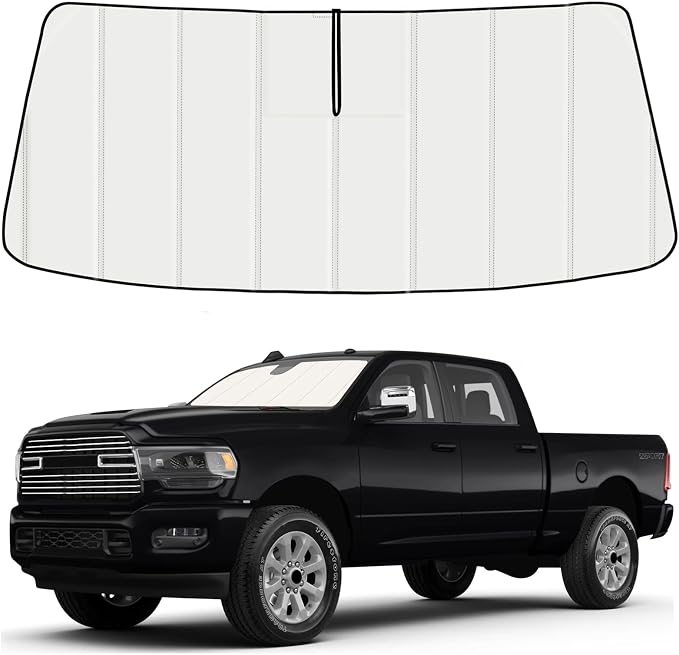 Windshield Sun Shade for Dodge RAM 2500 3500 2019-2025 2026, Front Window Visor Accessories, Folding Design Blocks Heat & UV Rays Maintain Cool Interior and Save Space