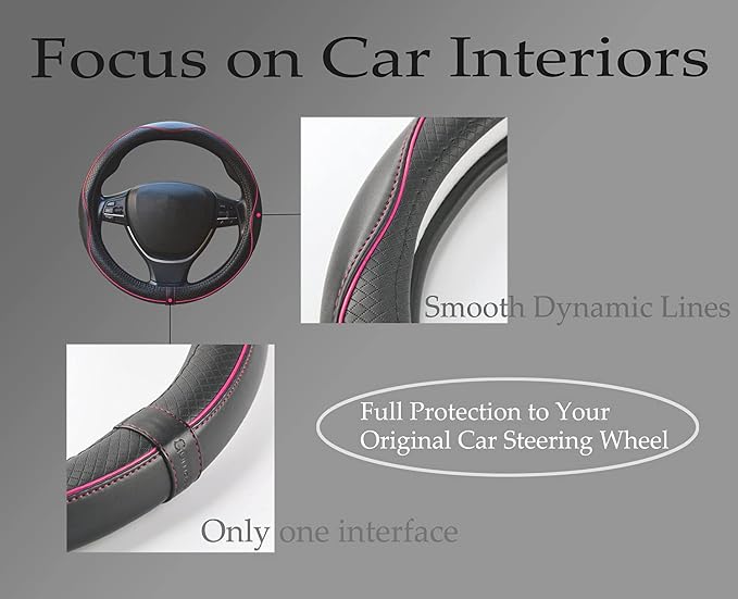 Car Steering Wheel Cover, Anti-Slip, Safety, Soft, Breathable, Heavy Duty, Thick, Full Surround, Sports Style (Black with Pink Line)