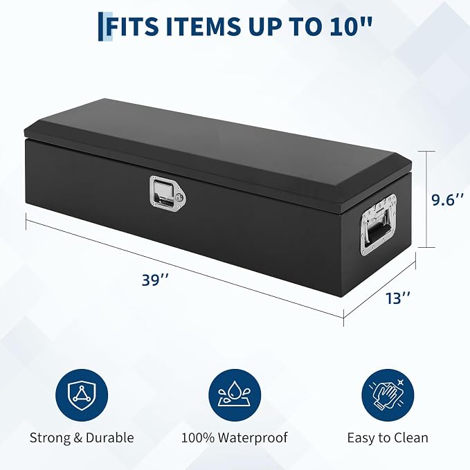 Heavy Duty Steel Metal Tool Box 39" for Truck Bed, Locking Plate Crossbed Storage Chest with Gas-Strut Assisted Lid, Weather-Resistant Truck Bed Tool Box for Pickup, Trailer, RV