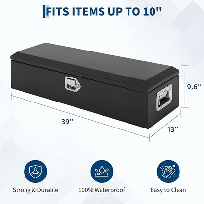 Heavy Duty Steel Metal Tool Box 39" for Truck Bed, Locking Plate Crossbed Storage Chest with Gas-Strut Assisted Lid, Weather-Resistant Truck Bed Tool Box for Pickup, Trailer, RV
