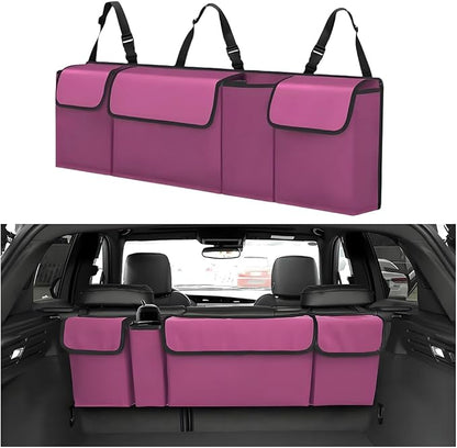 Car Trunk Organizer with Lid, Large Waterproof Vehicle Backseat Hanging Storage Bag with 4 Pockets & Adjustable Straps, Collapsible Automotive Interior Cargo Bag, Universal Fit (Purple)