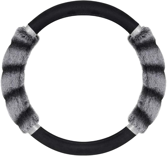 BDK Bear Fur Plush Steering Wheel Cover - Cute Faux Wool Protector for Women Girls Fits Wheels 14.5-15 inch Two Tone Black/Gray - with Glitter