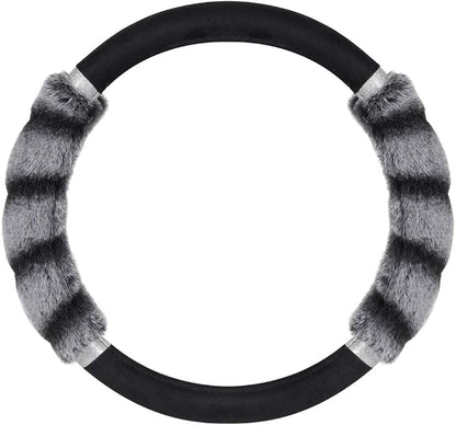 BDK Bear Fur Plush Steering Wheel Cover - Cute Faux Wool Protector for Women Girls Fits Wheels 14.5-15 inch Two Tone Black/Gray - with Glitter