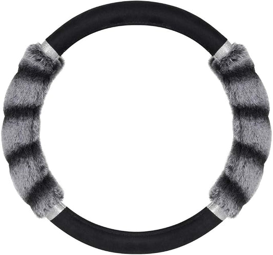 BDK Bear Fur Plush Steering Wheel Cover - Cute Faux Wool Protector for Women Girls Fits Wheels 14.5-15 inch Bear Fur - Black/Gray with Glitter