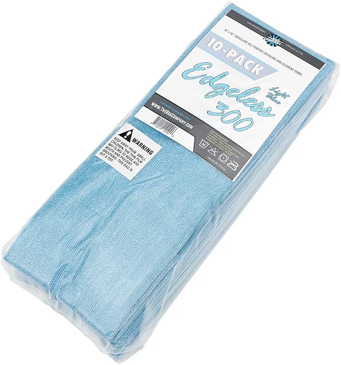 The Rag Company - Edgeless 300 - Microfiber Detailing Towels, Perfect for Removing Polishes, Sealants, and Glaze; Great for Interior Cleaning and Dirty Jobs; 300GSM, 16in x 16in, Light Blue (10-Pack)