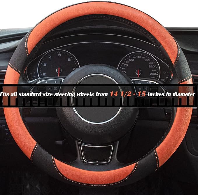 Steering Wheel Covers Black Universal Microfiber Leather, Suitable for 14 1/2-15 inch Car Steering Wheel Cover, Breathable, Anti Slip- Orange