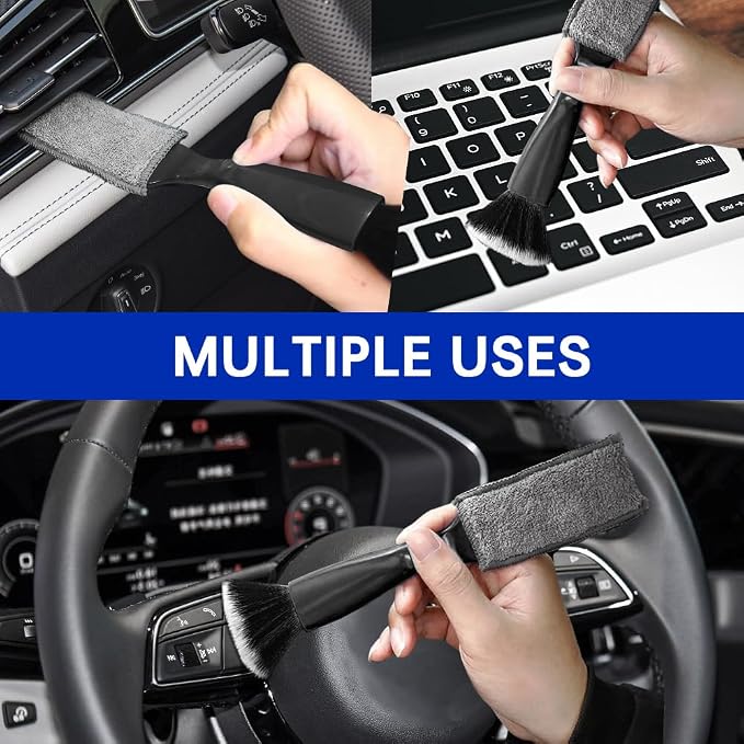 Car Double Head Clean Brush, Car Brushes for Detailing Interior, Double Head Automotive Interior Cleaner Detail Brushes, Car Dust Detailing Brush for Air Vents Dashboard Screen (Black)