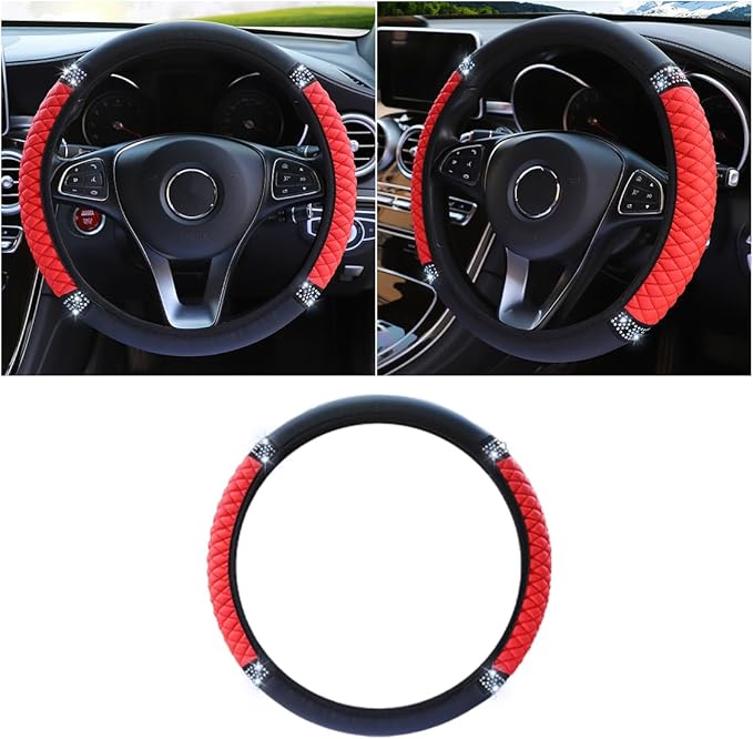 Bling Soft Leather Steering Wheel Cover, 15 Inch Colorful Rhinestones Auto Elastic Protector with Crystal Diamond for Women Girls, Car Accessories for Most Cars, SUVs (Red)
