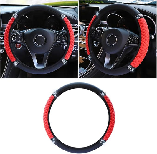 Bling Soft Leather Steering Wheel Cover, 15 Inch Colorful Rhinestones Auto Elastic Protector with Crystal Diamond for Women Girls, Car Accessories for Most Cars, SUVs (Red)