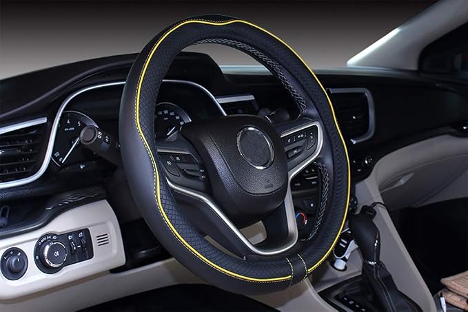 Mayco Bell Universal Standard Size Steering Wheel Cover Anti-Slip,Safety,Soft,Breathable,Durable,Full Surround,Comfortable Grip Microfiber Leather (14.5-15 inch,Black Yellow)