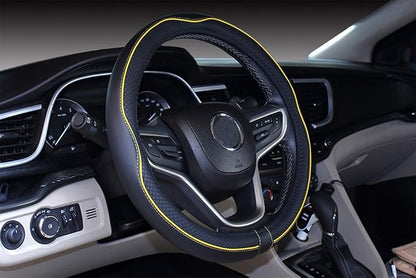 Mayco Bell Universal Standard Size Steering Wheel Cover Anti-Slip,Safety,Soft,Breathable,Durable,Full Surround,Comfortable Grip Microfiber Leather (14.5-15 inch,Black Yellow)