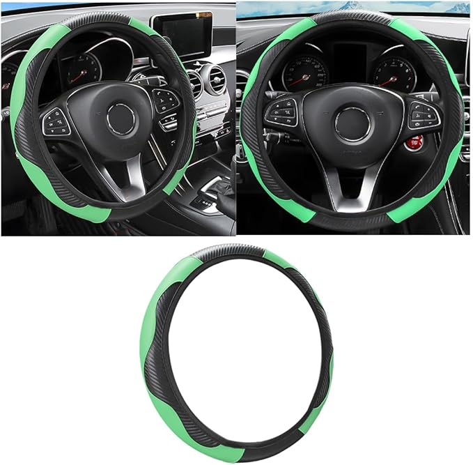 Osilly Car Steering Wheel Cover, 15 inch Carbon Fiber Microfiber PU Leather Elastic Steering Wheel Protector for Men Women, Anti-Slip Breathable Car Interior Accessories for Most Cars (Green)