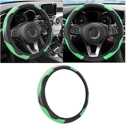 Osilly Car Steering Wheel Cover, 15 inch Carbon Fiber Microfiber PU Leather Elastic Steering Wheel Protector for Men Women, Anti-Slip Breathable Car Interior Accessories for Most Cars (Green)