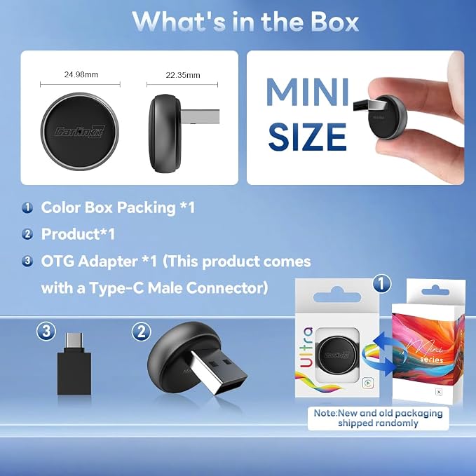 Carlinkit Wireless CarPlay Adapter & Android Auto Mini Ultra3, 2-in-1 Mini USB Design with OEM Car Models, Plug and Play/Low Latency Portable/Auto Connect, Compatible with iOS 10+ & Android 11+