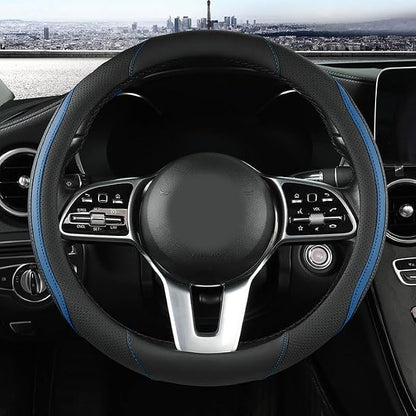 Car Steering Wheel Cover, Leather Steering Wheel Cover Blue Universal 14.5-15 Inch Microfiber Leather Anti-Slip Breathable Auto Steering Wheel Covers for Men Women (Black&Blue-2)