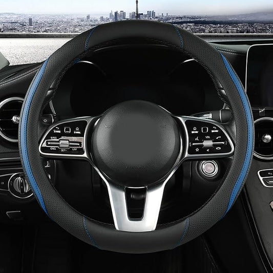 Car Steering Wheel Cover, Leather Steering Wheel Cover Blue Universal 14.5-15 Inch Microfiber Leather Anti-Slip Breathable Auto Steering Wheel Covers for Men Women (Black&Blue-2)