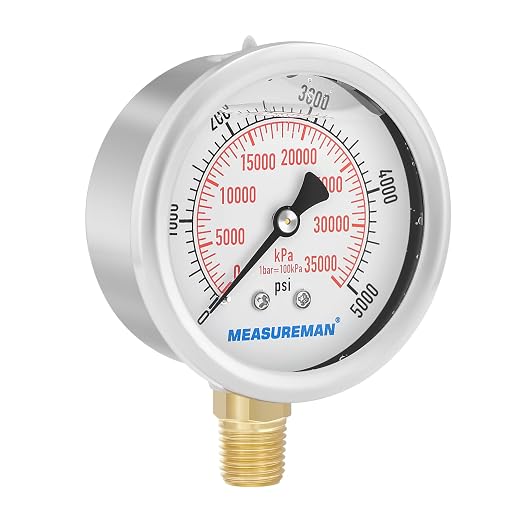 MEASUREMAN 2-1/2inch Dial Size, Liquid Filled Hydraulic Pressure Gauge, 0-5000psi/kpa, 304 Stainless Steel Case, 1/4inchNPT Lower Mount