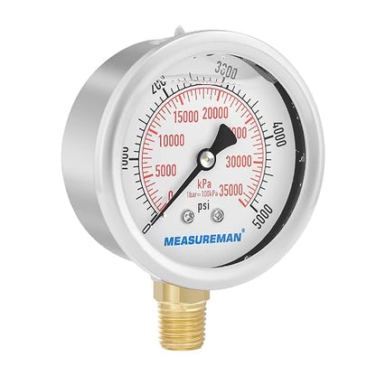MEASUREMAN 2-1/2inch Dial Size, Liquid Filled Hydraulic Pressure Gauge, 0-5000psi/kpa, 304 Stainless Steel Case, 1/4inchNPT Lower Mount