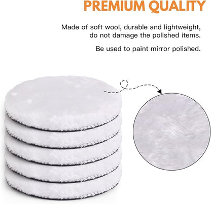 Kshineni 7 Pcs 6 Inch (150 mm) Wool Polishing Buffing Pad Car Polisher Buffer Drill Attachment with M14 Drill Adapter