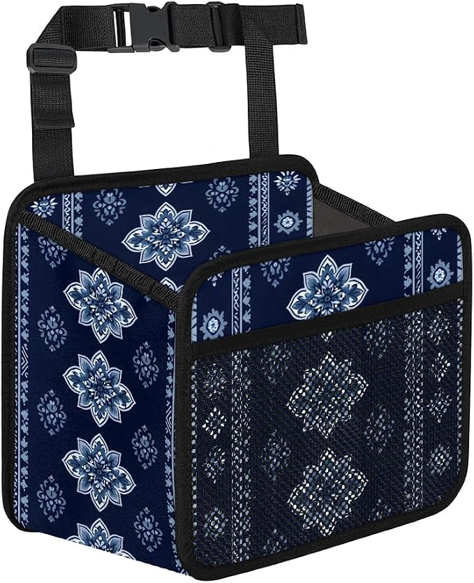 Car Backseat Organizer, PU Leather Back of Seat Cars Hanging Organizer with Pockets Leakproof Car Garbage Bags Hanging Car Seat Storage Box Travel Accessories Foldable (Tribal-floral Vintage Blue)
