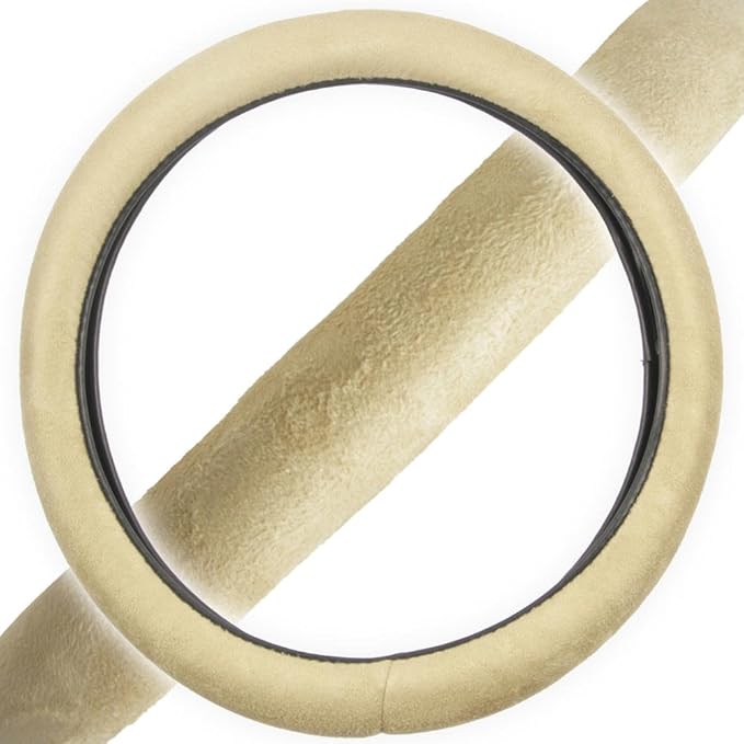 BDK Ergonomic Leather Grip Steering Wheel Cover - Soft Plush Memory Foam Grip for Standard Size Wheels 14.5-15 inch Beige