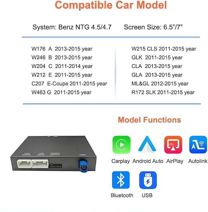 Wireless Carplay/Android Auto Adapter for Mercedes-Benz (2011-2015) NTG4.5/4.7 System Decoder Box Retains OEM Steering Wheel, Camera & Knob Control Compatible with A/B/C/E/GLK/GLA/ML/SLK